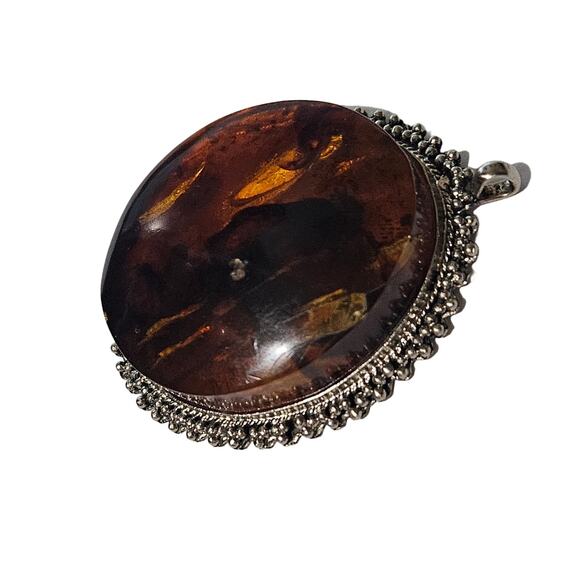 Vintage Huge Round Amber in Silver Tone Metal Pendant on Black Ribbon Necklace - Picture 6 of 7